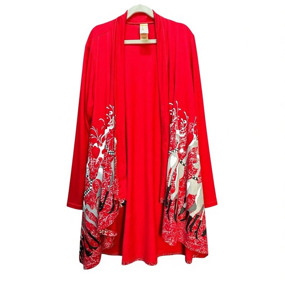Kimono Cardigan‎ Duster Christmas Reindeer Print Red Open Front Size Small